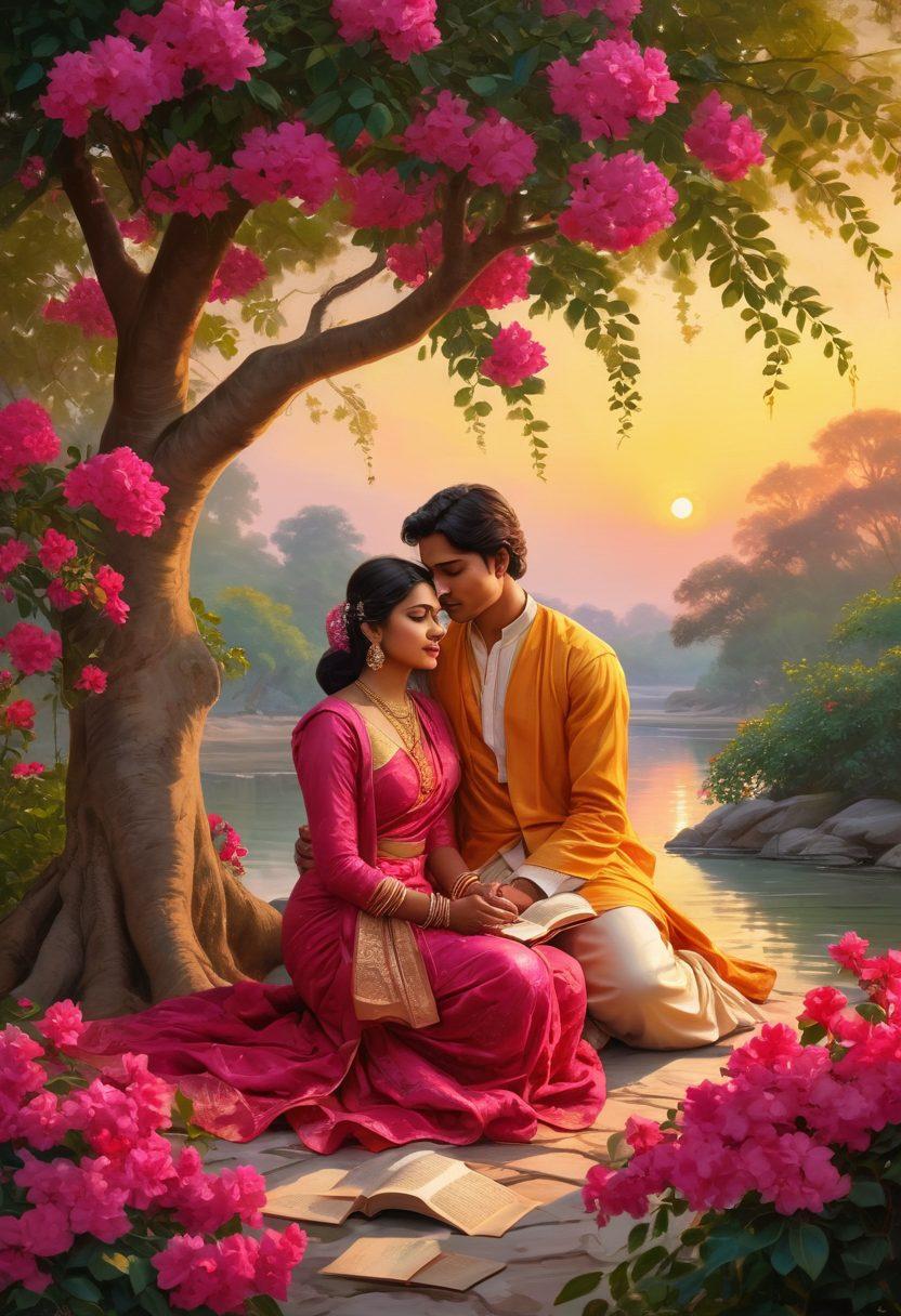 A beautifully illustrated scene capturing the essence of passionate love tales in Bangla literature, featuring a couple in traditional Bengali attire sharing an intimate moment under a blooming bougainvillea tree, with romantic symbolic elements like books, quills, and inkpots scattered around. The background should hint at a sunset over a serene river, enhancing the allure of the scene. vibrant colors. painting.