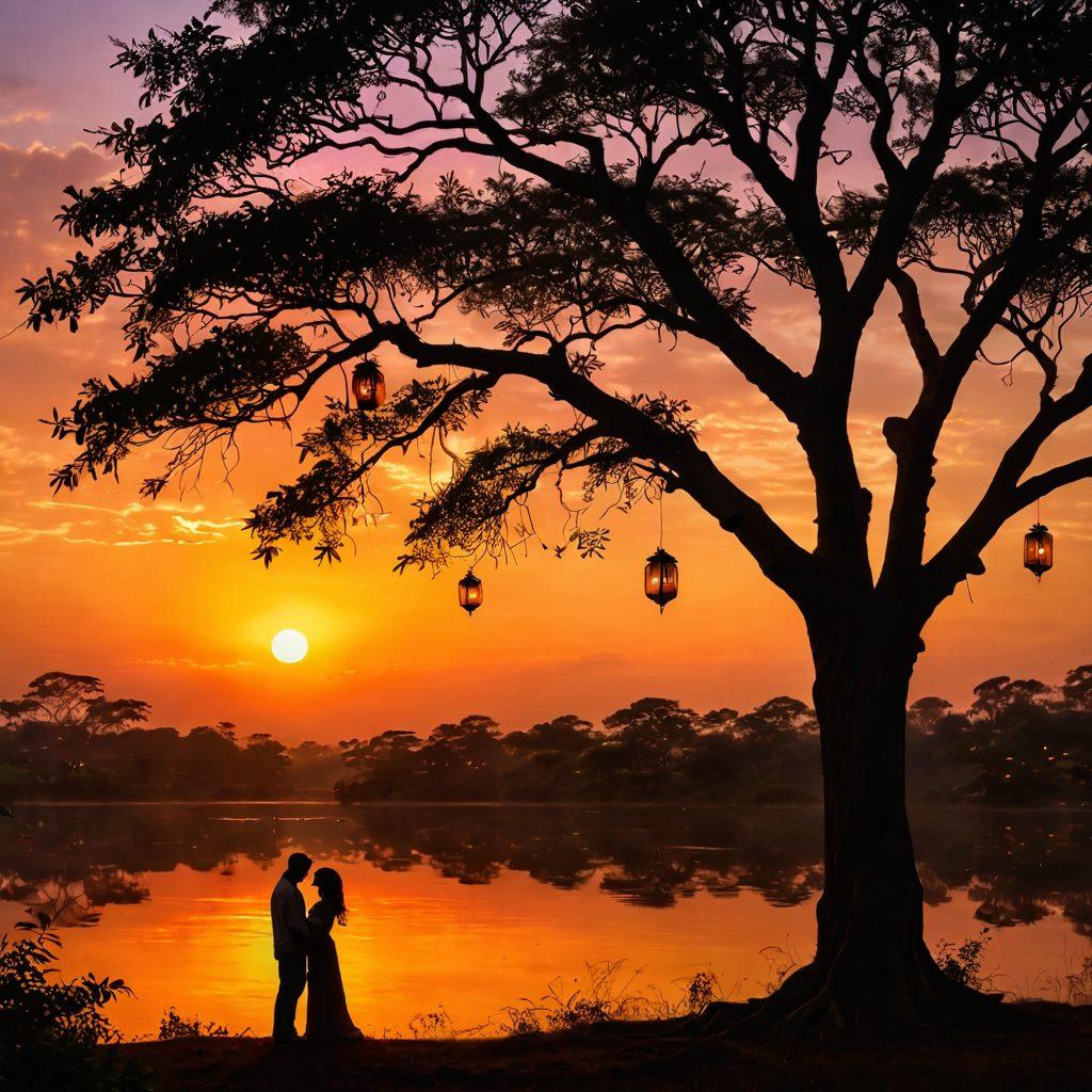 A captivating scene depicting a lush Bangladesh landscape at dusk, with a hint of mystique in the air. Silhouettes of lovers entwined under a banyan tree, surrounded by flickering lanterns, creating an intimate atmosphere. Elements of traditional Bangladeshi art and sensual motifs woven into the background, evoking a sense of passion and intrigue. Soft glows of warm colors reflecting the dusk, inviting curiosity and igniting the imagination. painterly style, vibrant colors, ethereal glow.