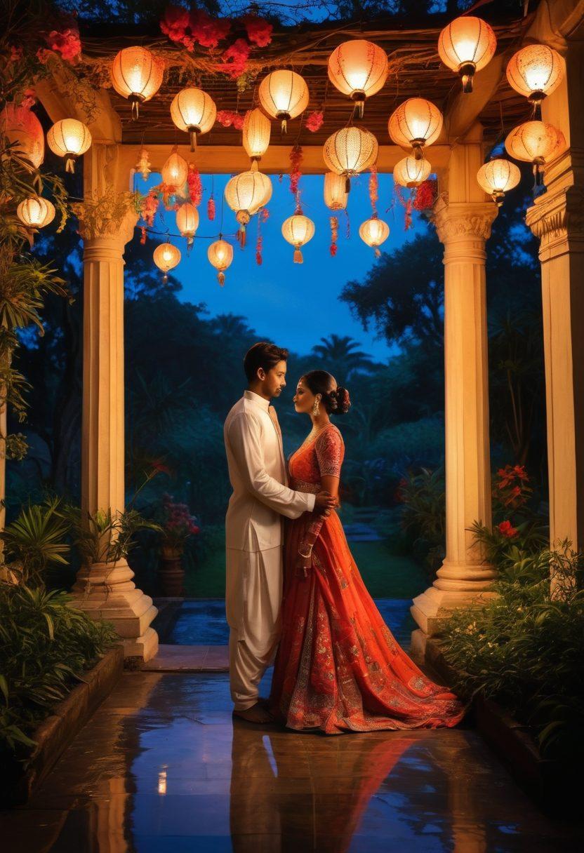 A captivating scene of an ancient Bangladeshi landscape at twilight, featuring a hidden, lush garden filled with vibrant flowers and ethereal lights. In the foreground, a silhouette of a couple sharing an intimate moment, immersed in the allure of traditional Bangla attire, surrounded by symbols of romance like soft lanterns and flowing fabrics. The background showcases intricate architecture reminiscent of Bengali heritage, with a hint of mystery. super-realistic. vibrant colors. painting.